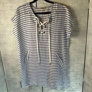 Alessia‎ Pacino made in Italy linen shirt dress blue and white tie neckline